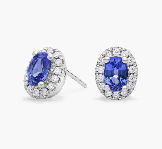 Oval Sapphire and Diamond Micropavé Stud Earrings in 14k White Gold